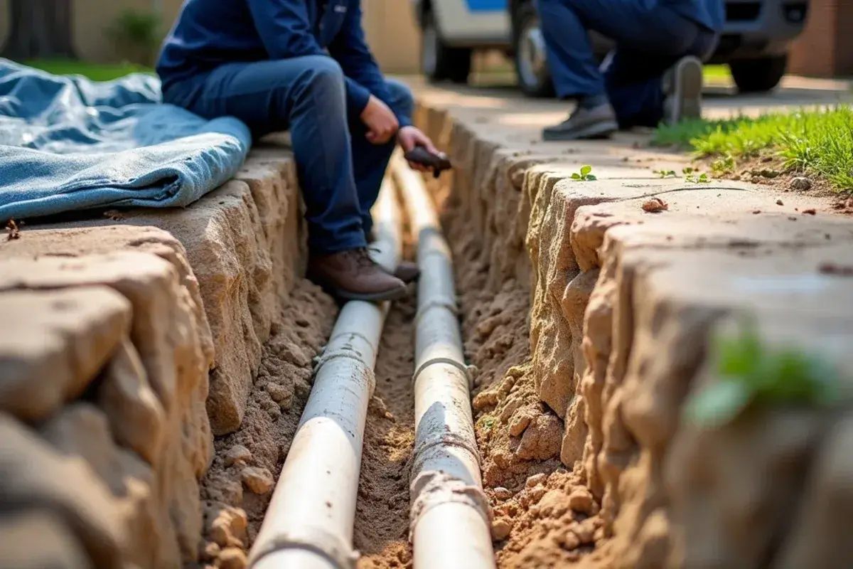 Saw-cut trench through limestone exposing a sewer lateral in a Leander TX yard