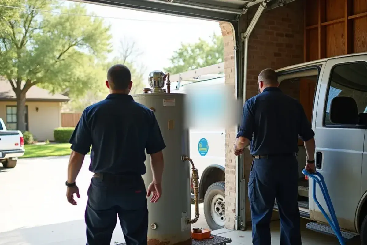 Original builder-grade water heater being replaced in a garage in Nolanville TX