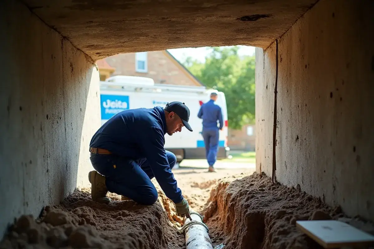 Cracked PVC drain joint exposed in a tunnel under a slab in Pflugerville TX