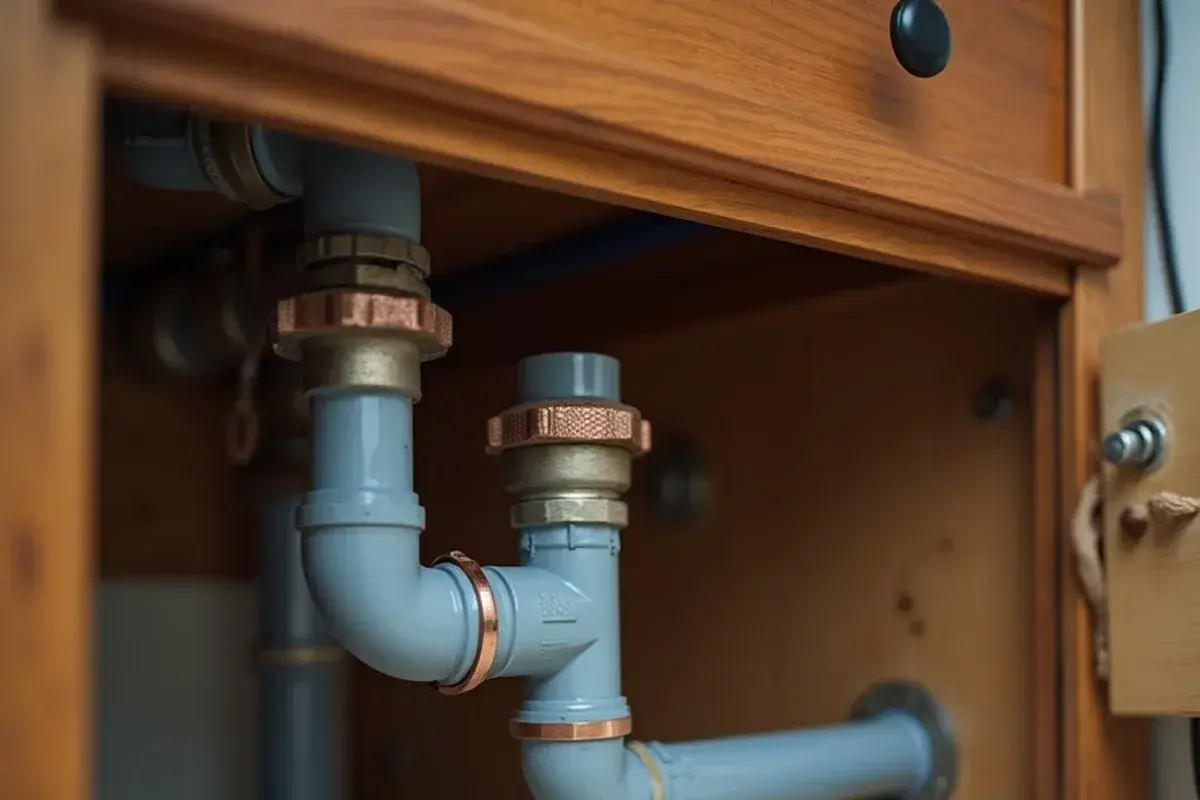 Gray polybutylene supply pipe with copper crimp rings under a bathroom sink in Round Rock TX