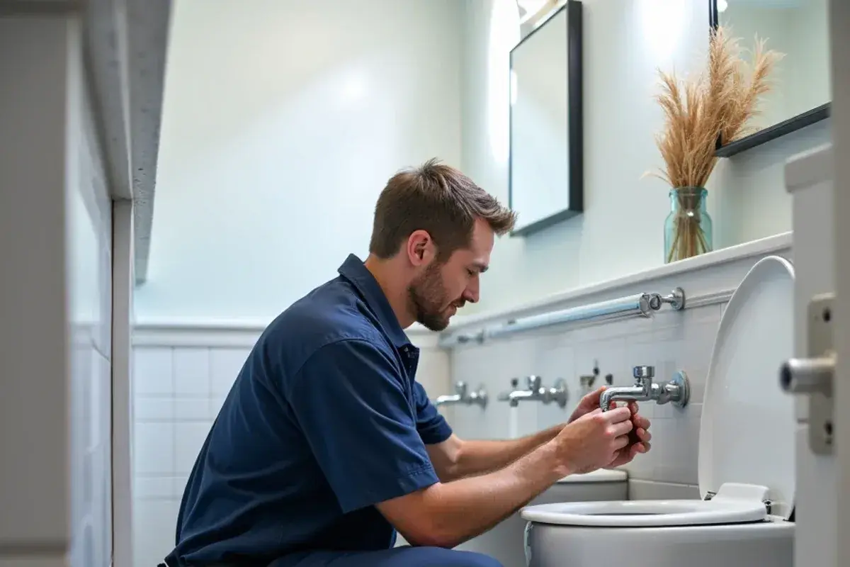 Plumber servicing a commercial flush valve in a retail restroom in Round Rock TX