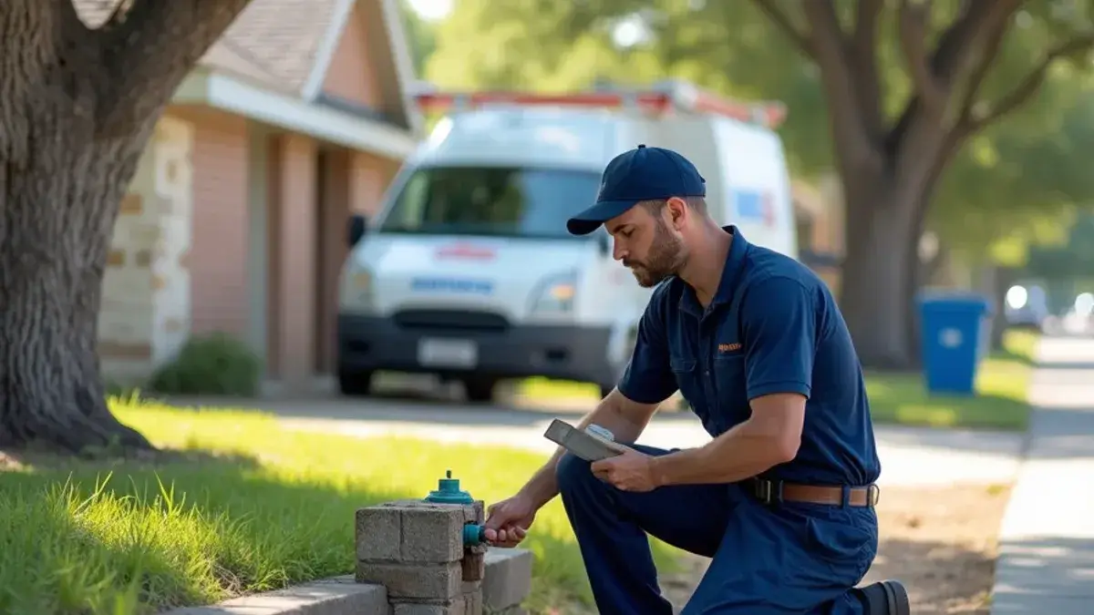 Plumber at the curbside meter box of a 1980s brick ranch home in Round Rock TX