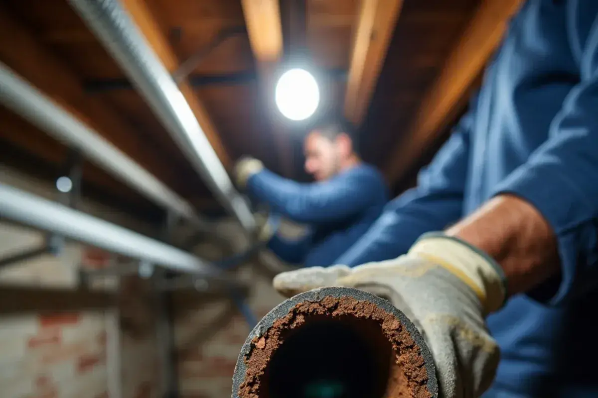 Rusted galvanized supply pipe cut open under an older house in Taylor TX