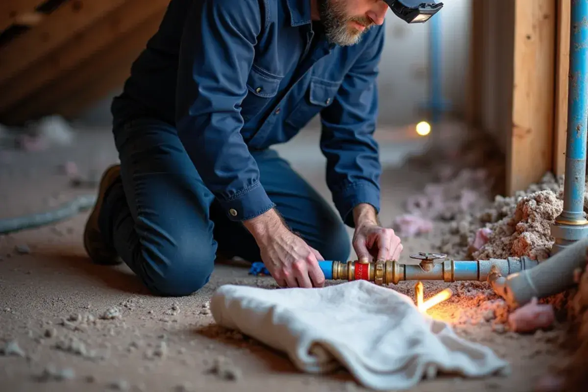 Plumber replacing gray polybutylene with PEX in a 1980s attic in Wells Branch TX