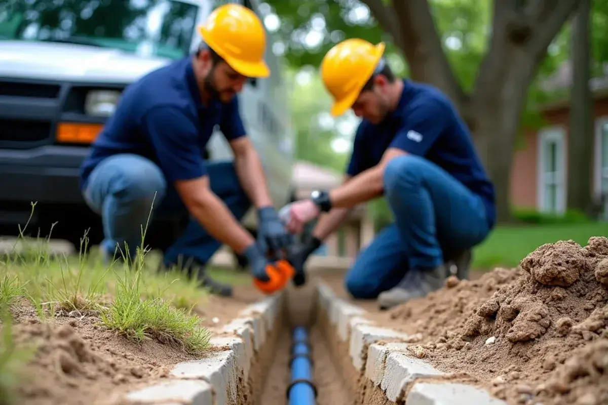 Trench cut through pale limestone for a yard water line west of I-35 in Williamson County TX
