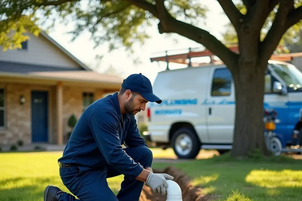 Plumber opening a septic line cleanout on a rural acreage lot in Williamson County TX