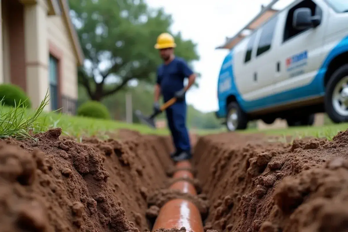 Tree roots pushing through a clay-tile sewer joint dug up in a Georgetown TX yard