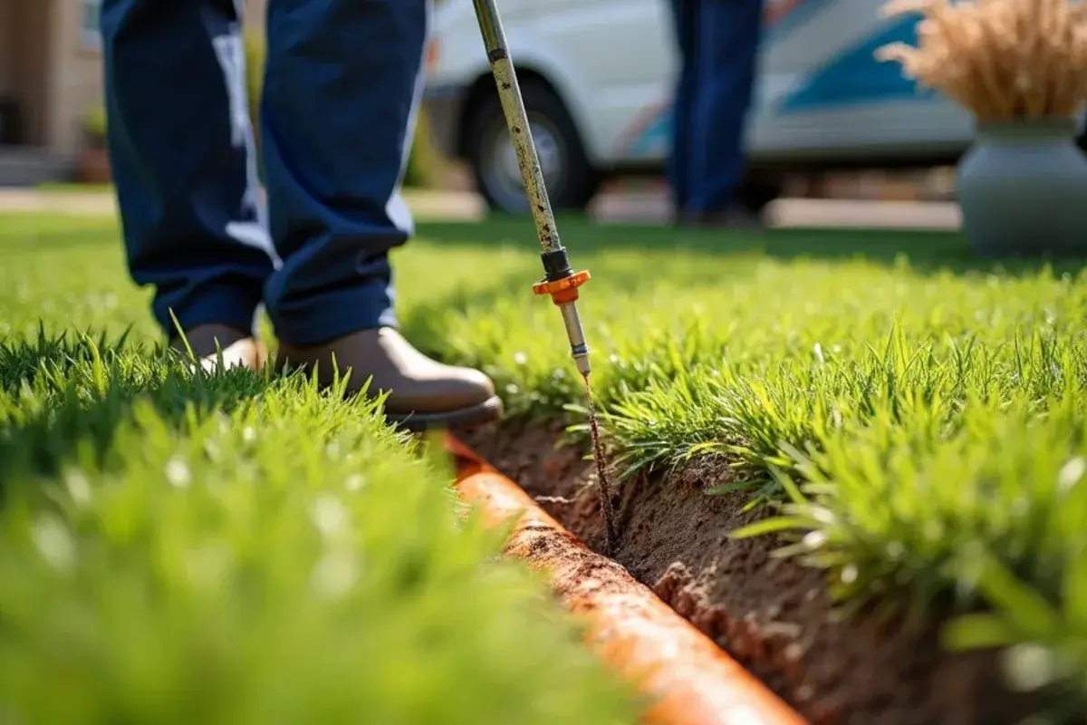 Plumber marking a camera-located sewer defect on a Georgetown TX lawn