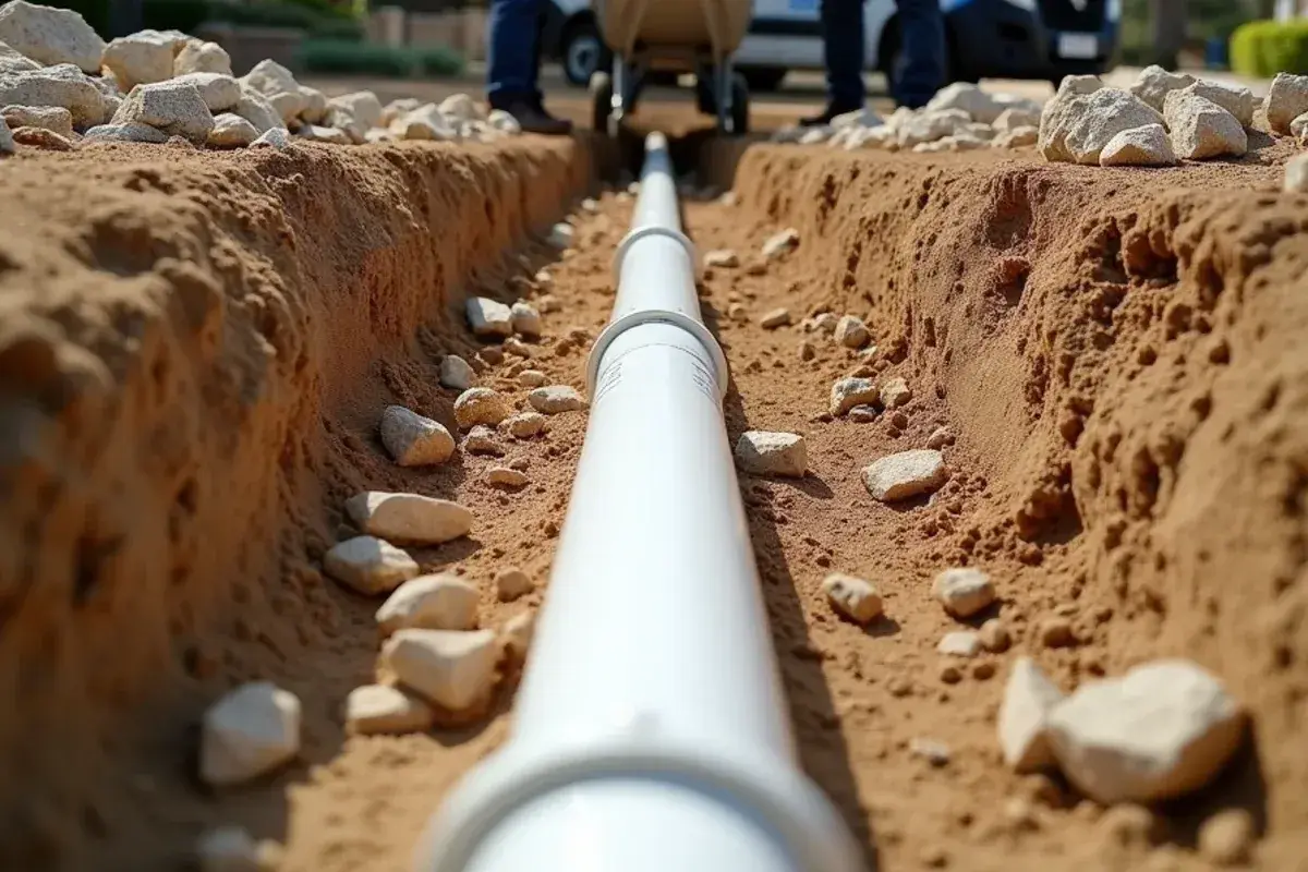 New PVC sewer lateral bedded in a backyard trench before backfill in Georgetown TX