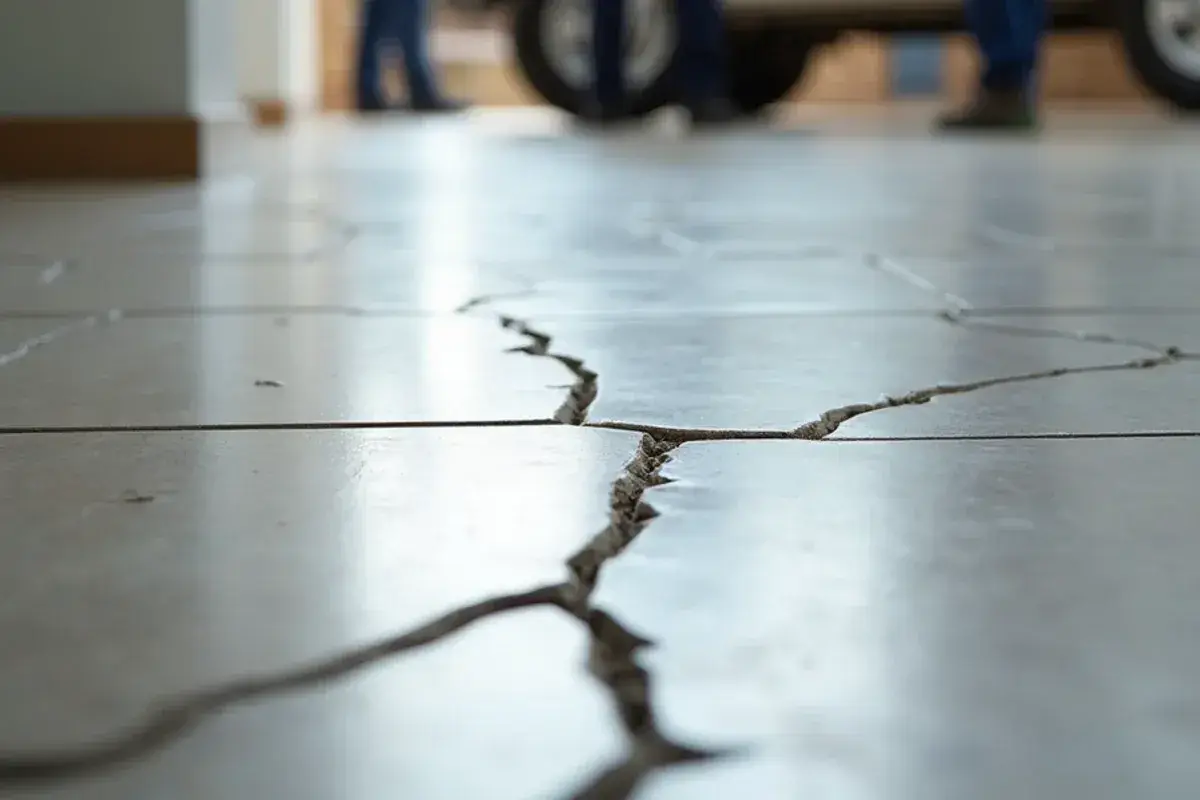 Cracked hallway tile above a shifting slab on Blackland clay near Georgetown TX