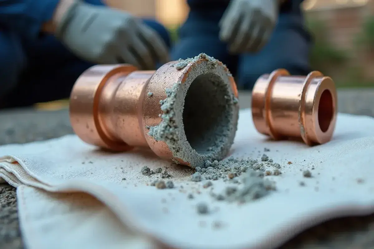 Mineral scale inside a tankless heat exchanger outlet from Georgetown TX hard water