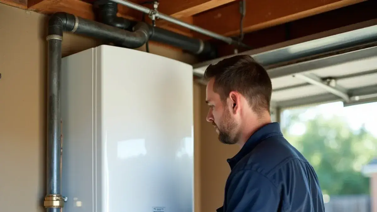 Wall-mounted tankless water heater with service valves in a Georgetown TX garage