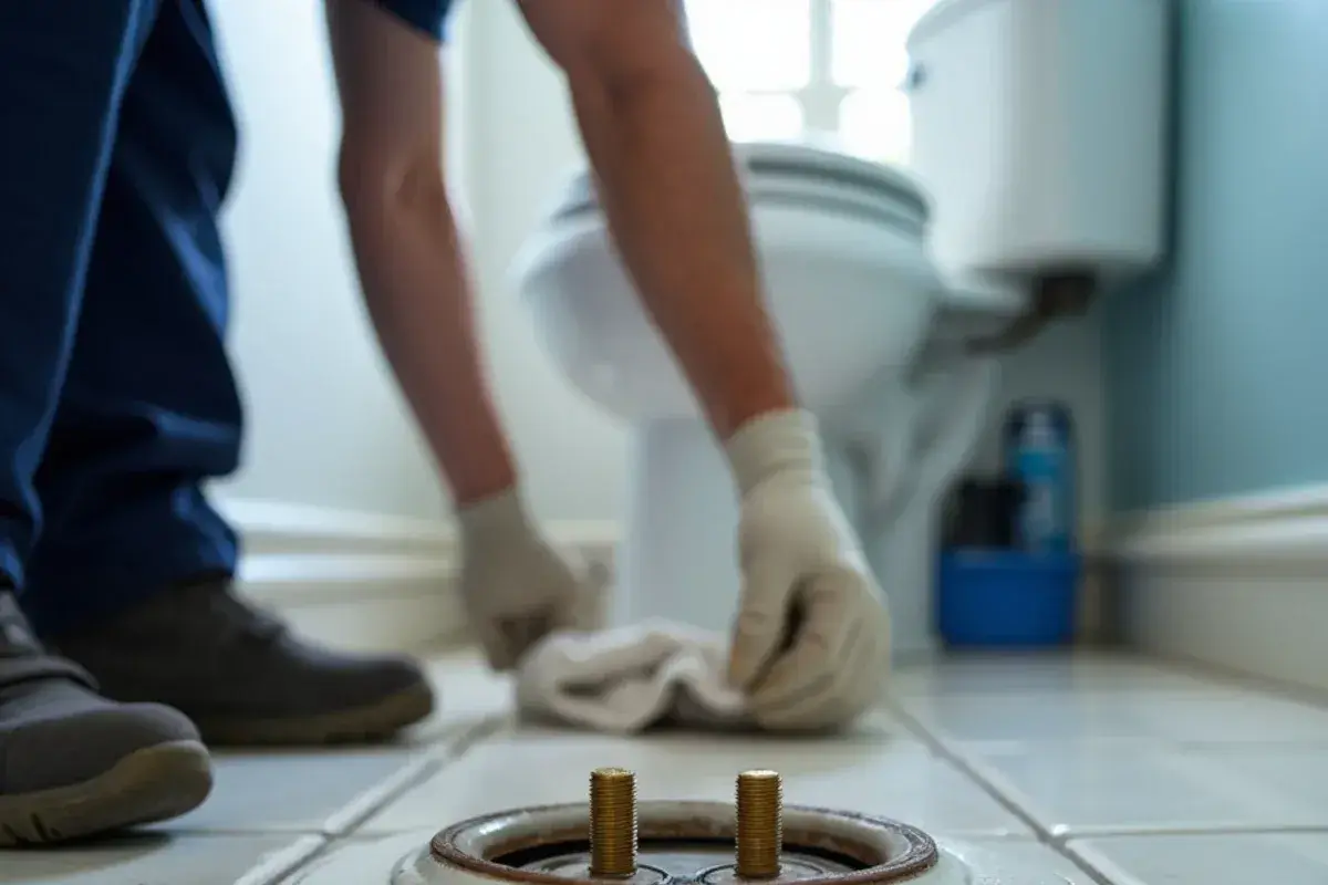 New wax ring set on a toilet flange during a replacement in Georgetown TX