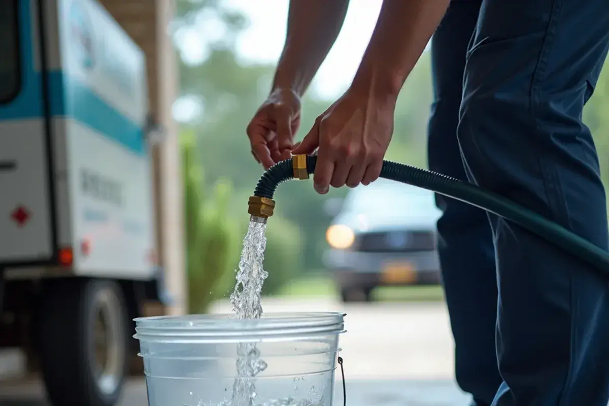 Sediment draining into a bucket during a water heater flush in Georgetown TX