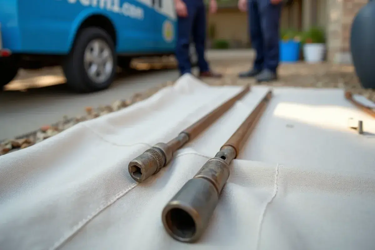 Worn anode rod beside a new one at a water heater in Georgetown TX