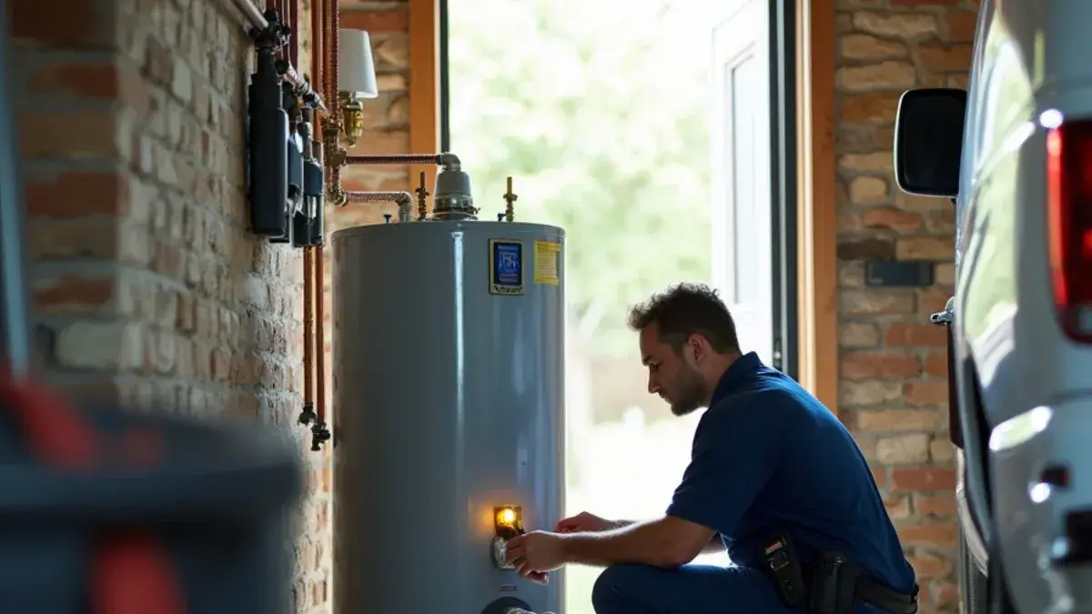 Plumber checking the gas control on a tank water heater in a Georgetown TX garage