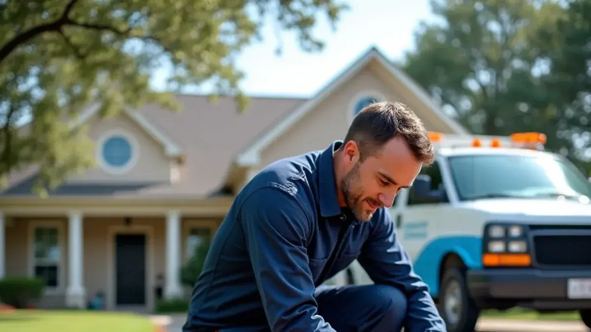 Plumber repairing an exposed main water line in a front-yard trench in Georgetown TX