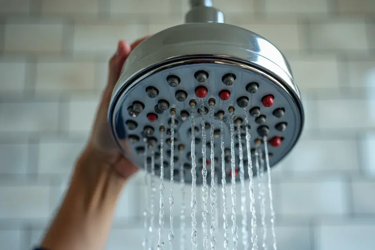 Showerhead nozzles crusted with mineral scale from hard water in Georgetown TX