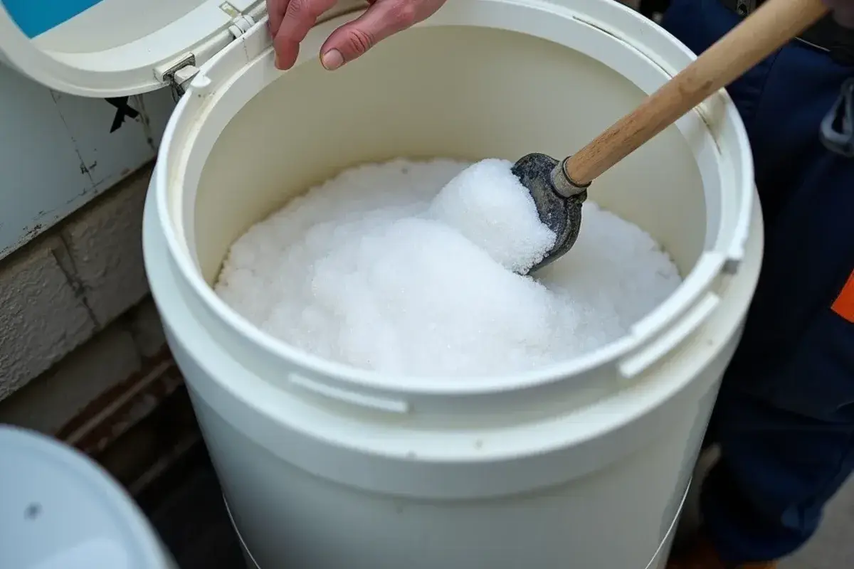 Open brine tank with salt pellets beside a resin tank in Georgetown TX